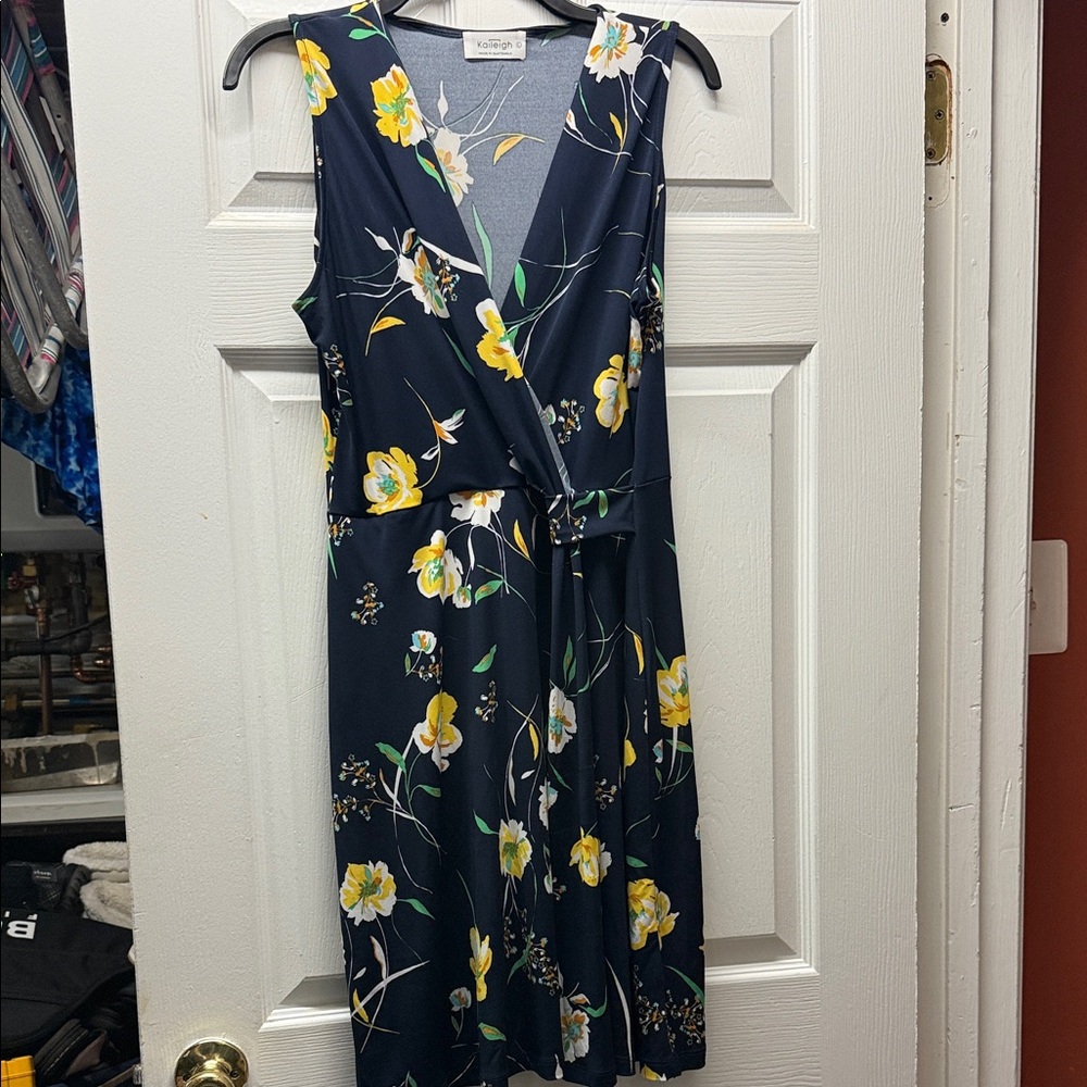Calvin Klein Navy Floral Wrap Midi Dress with Yellow Flowers